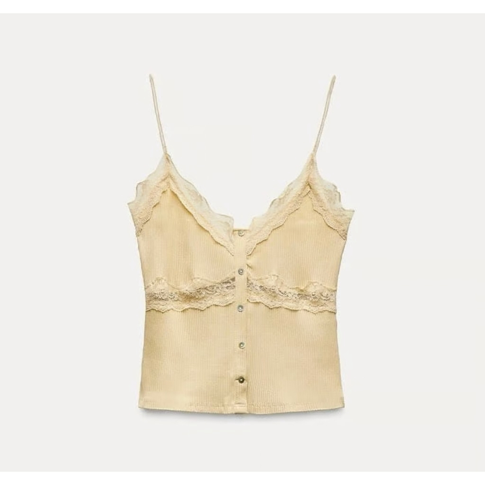 Zara Buttoned Rib Lace Top Size L - Picture 2 of 4